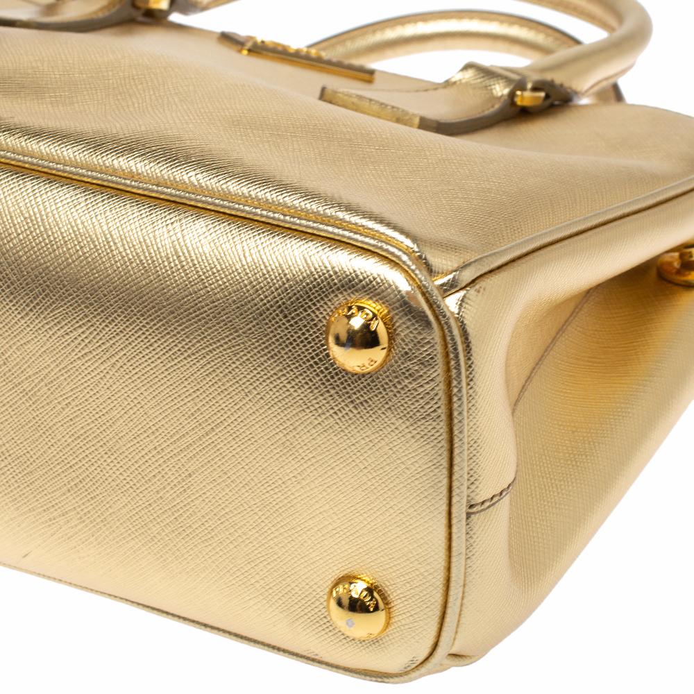 Women's Prada Metallic Gold Saffiano Lux Leather Small Double Zip Tote