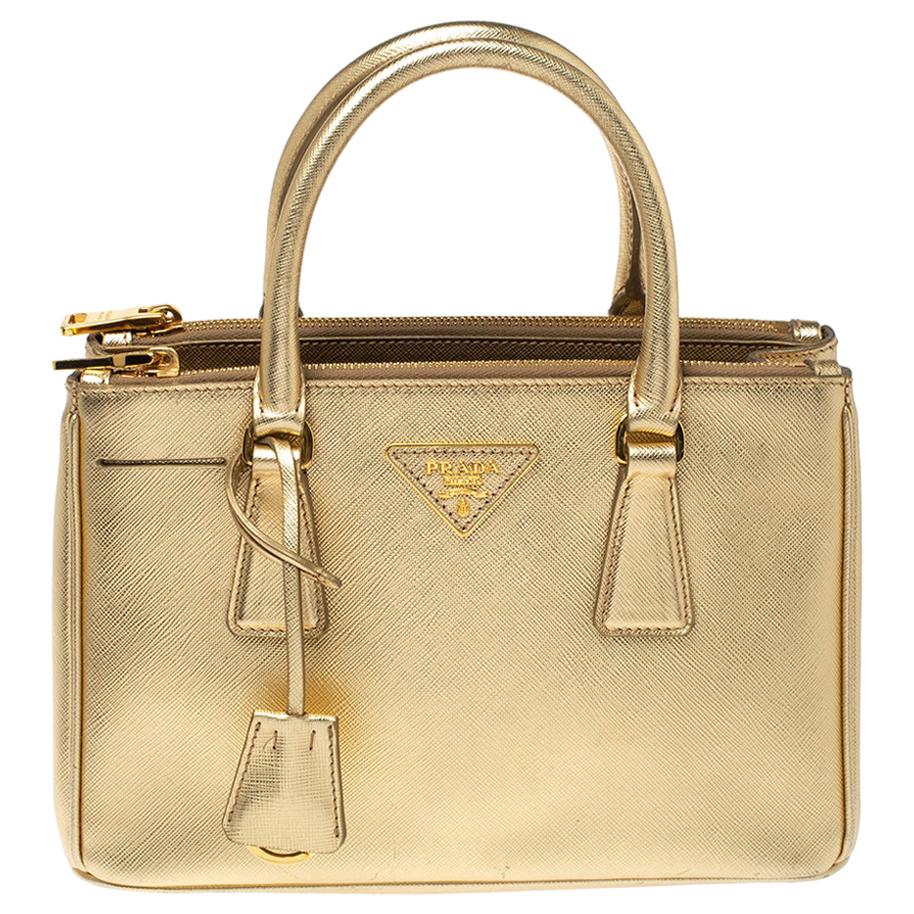 Prada Metallic Gold Saffiano Lux Leather Small Double Zip Tote at 1stDibs