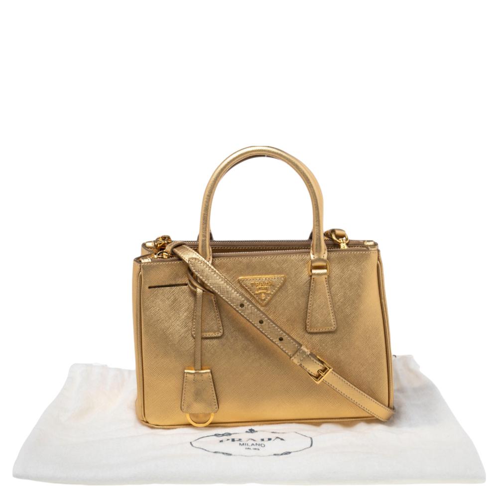 Prada Metallic Gold Saffiano Lux Leather Small Galleria Double Zip Tote 4