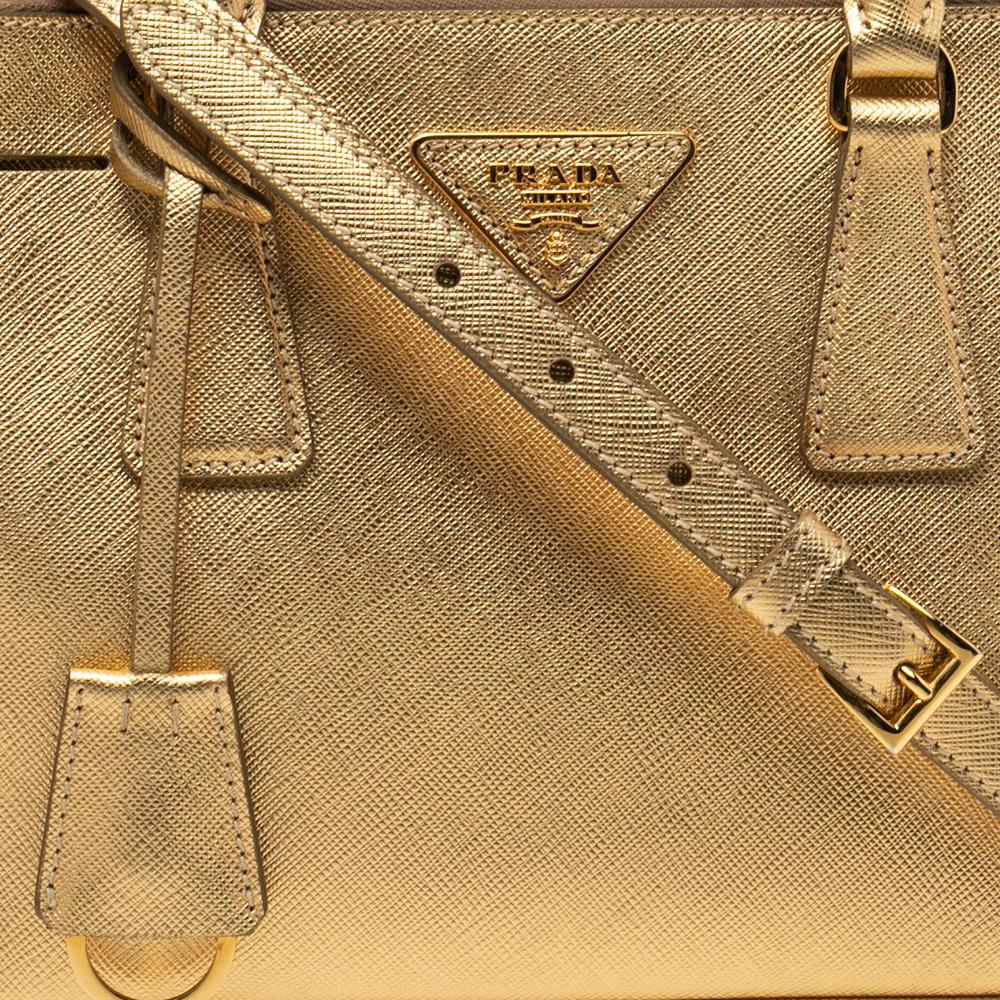Brown Prada Metallic Gold Saffiano Lux Leather Small Galleria Double Zip Tote