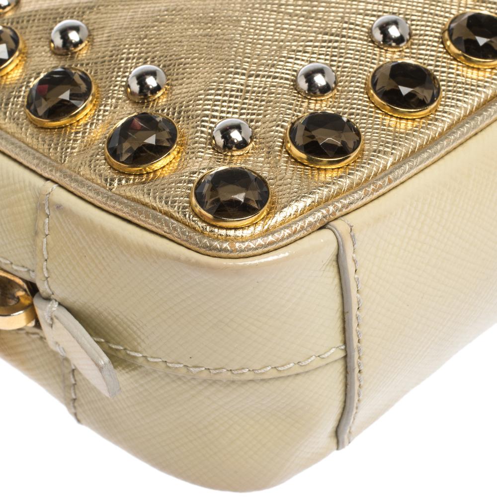 Prada Metallic Gold Saffiano Lux Leather Studded Mini Crossbody Bag In Good Condition In Dubai, Al Qouz 2
