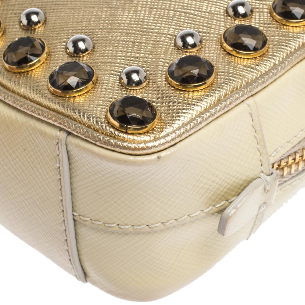 Women's Prada Metallic Gold Saffiano Lux Leather Studded Mini Crossbody Bag
