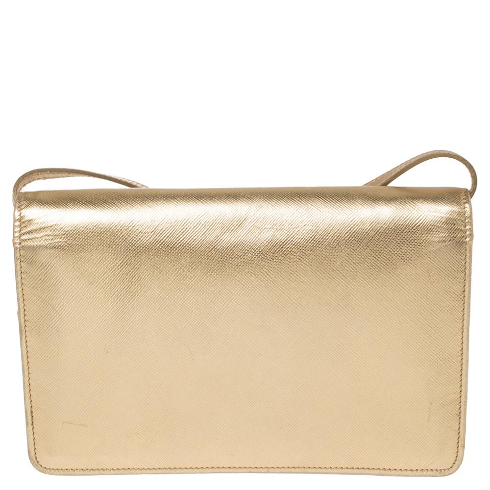 Prada Metallic Gold Saffiano Shine Leather Flap Crossbody Bag 1