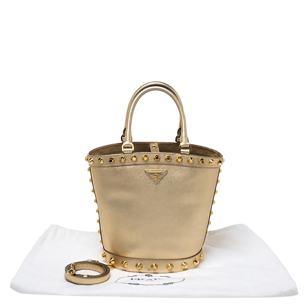 Prada Metallic Gold Saffiano Vernice Studded Bucket Bag 4