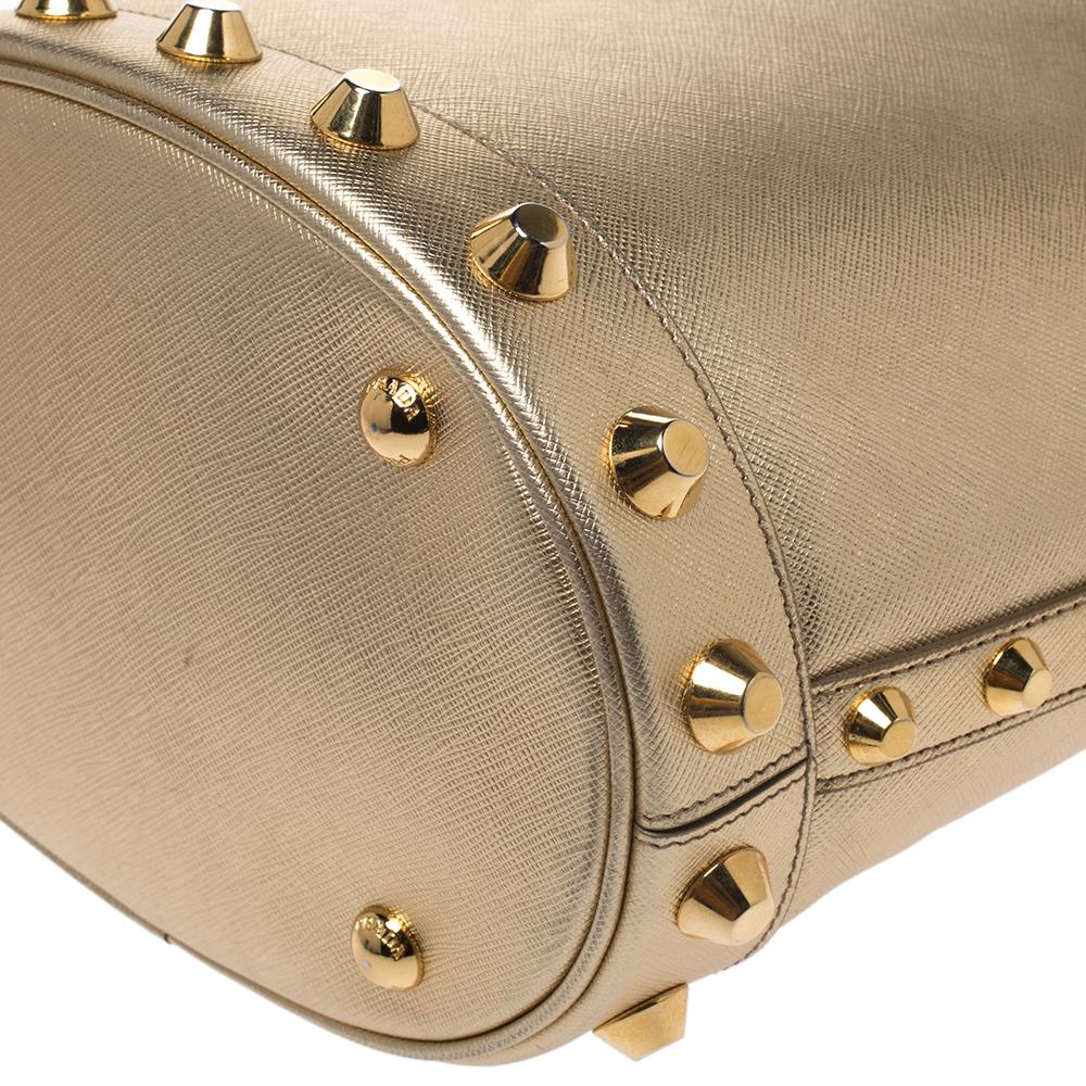 Women's Prada Metallic Gold Saffiano Vernice Studded Bucket Bag