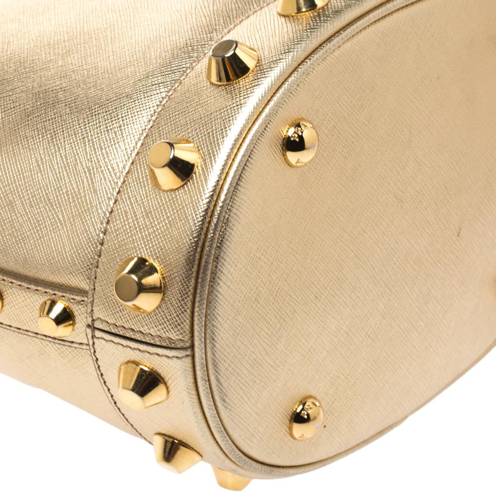 Prada Metallic Gold Saffiano Vernice Studded Bucket Bag 1