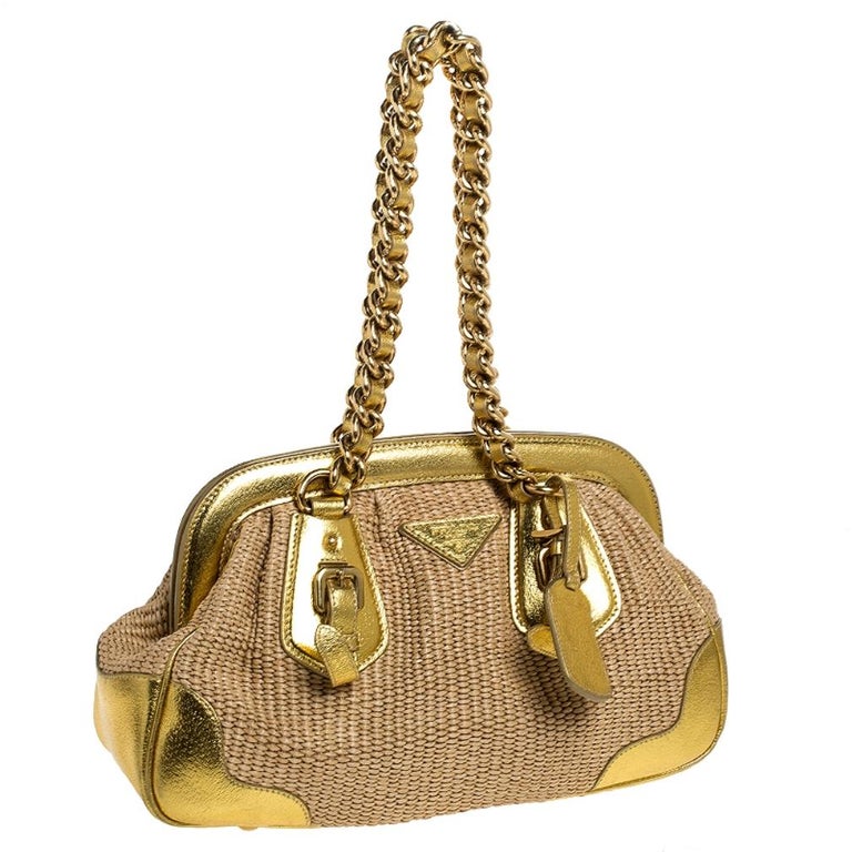 Prada Metallic Gold Straw and Leather Frame Bag For Sale at 1stdibs