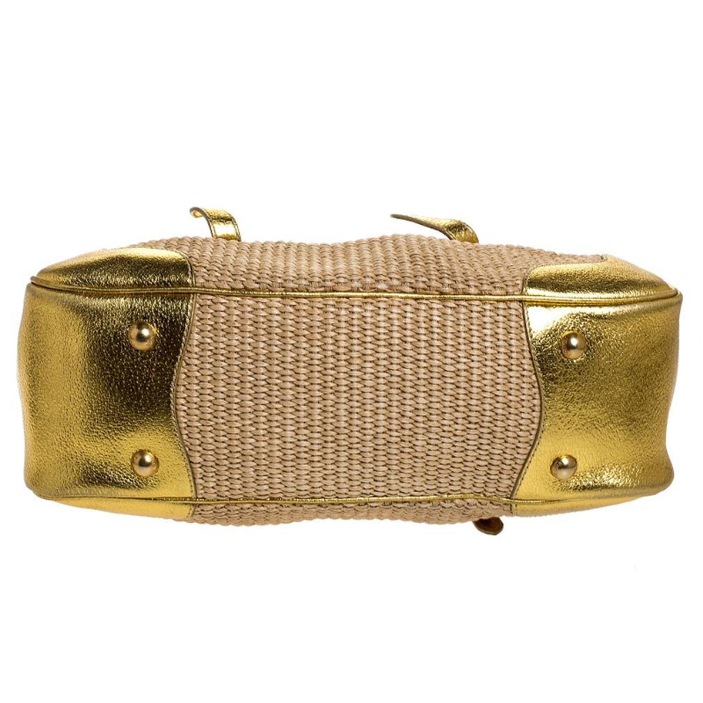 Women's Prada Metallic Gold Straw and Leather Frame Bag