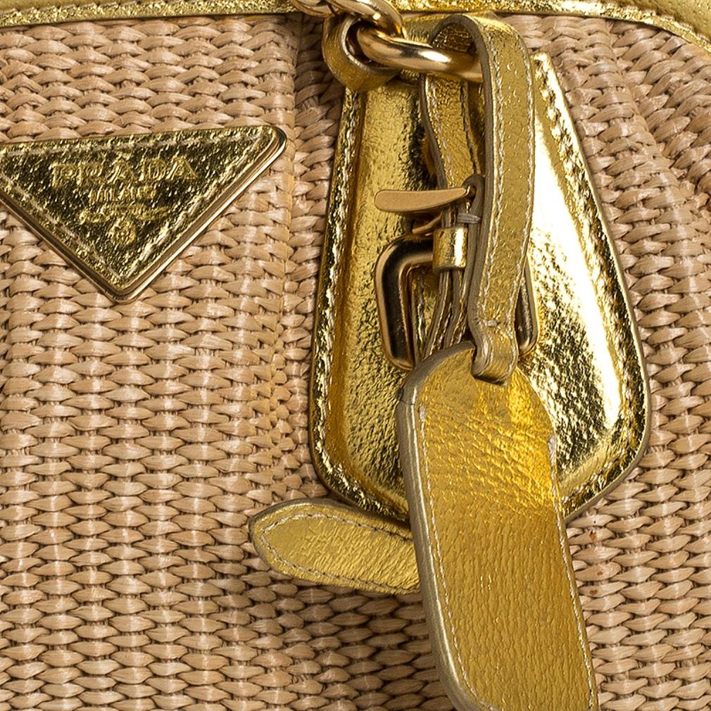 Prada Metallic Gold Straw and Leather Frame Bag 3