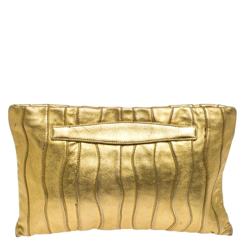 Brown Prada Metallic Gold Wave Leather Clutch