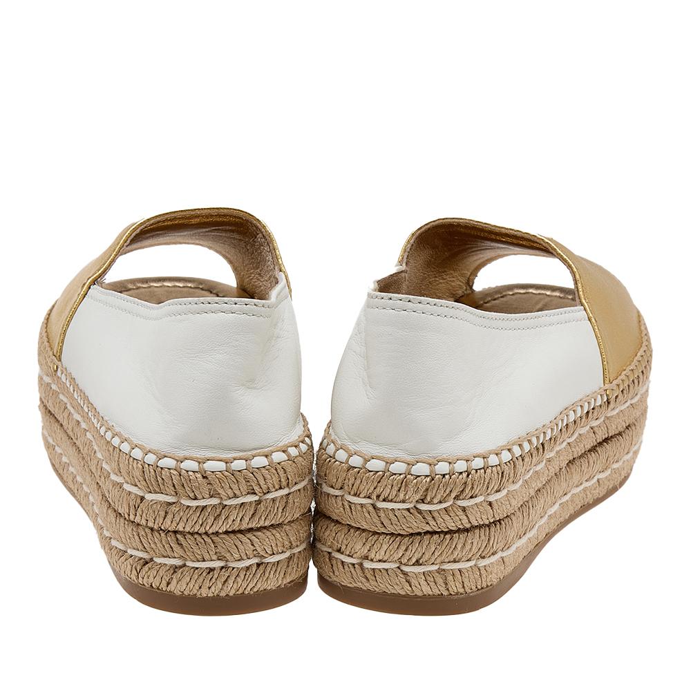 Beige Prada Metallic Gold/White Logo Embellished Platform Espadrille Flats Size 35