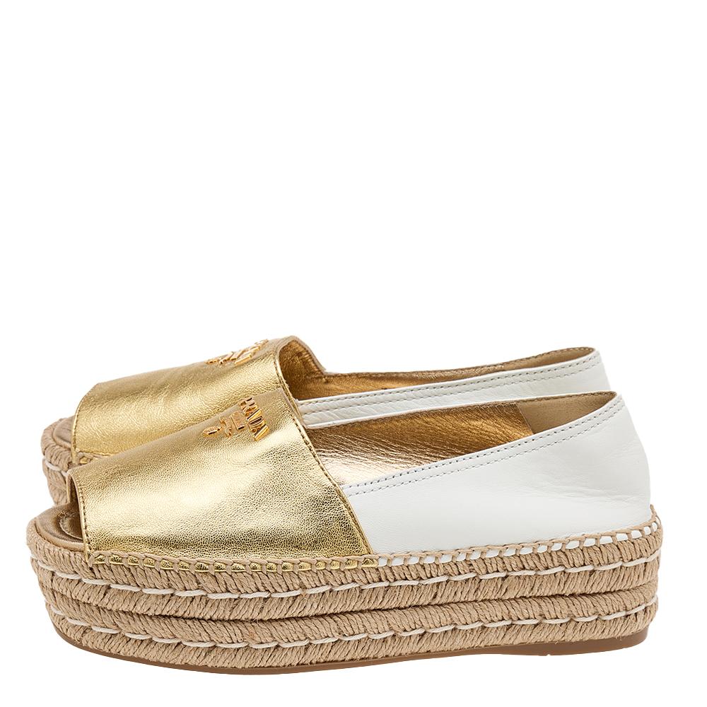 Prada Metallic Gold/White Logo Embellished Platform Espadrille Flats Size 35 3