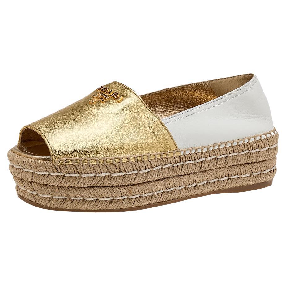 Prada Metallic Gold/White Logo Embellished Platform Espadrille Flats Size 35