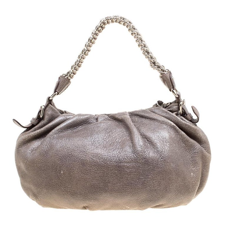 Prada Metallic Grey Cervo Leather Chain Hobo at 1stDibs
