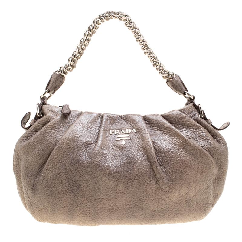 Prada Metallic Grey Cervo Leather Chain Hobo