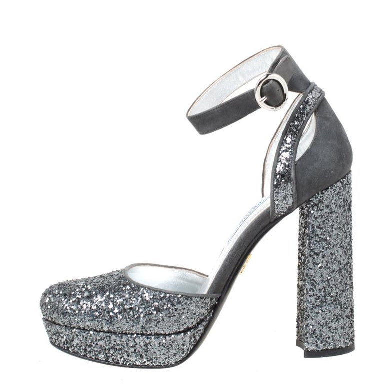 Prada Metallic Grey Glitter And Suede Ankle Strap Platform Sandals Size ...