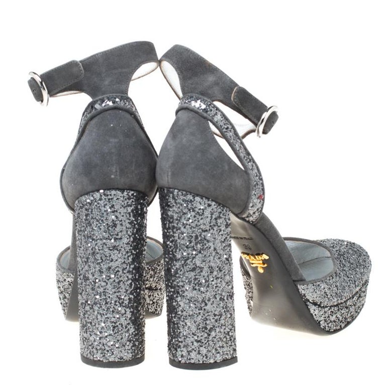 Prada Metallic Grey Glitter And Suede Ankle Strap Platform Sandals Size ...