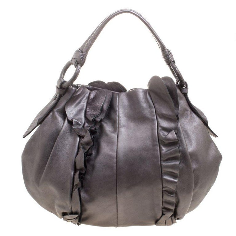 Prada Metallic Grey Leather Ruffle Hobo For Sale at 1stDibs