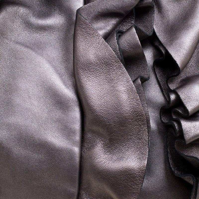 Women's Prada Metallic Grey Leather Ruffle Hobo