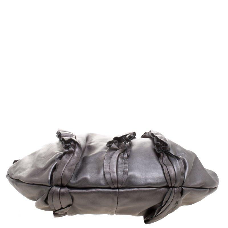 Prada Metallic Grey Leather Ruffle Hobo 1