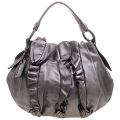 Prada Metallic Grey Leather Ruffle Hobo