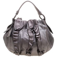 Prada Metallic Grey Leather Ruffle Hobo