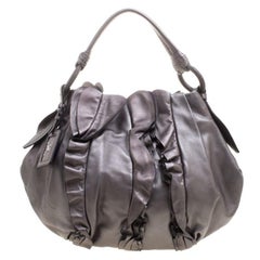 Prada Metallic Grey Leather Ruffle Hobo