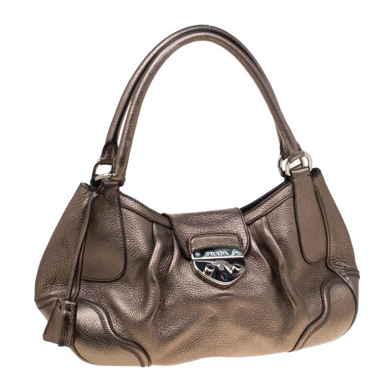 Prada Metallic Grey Leather Shoulder Bag For Sale at 1stDibs