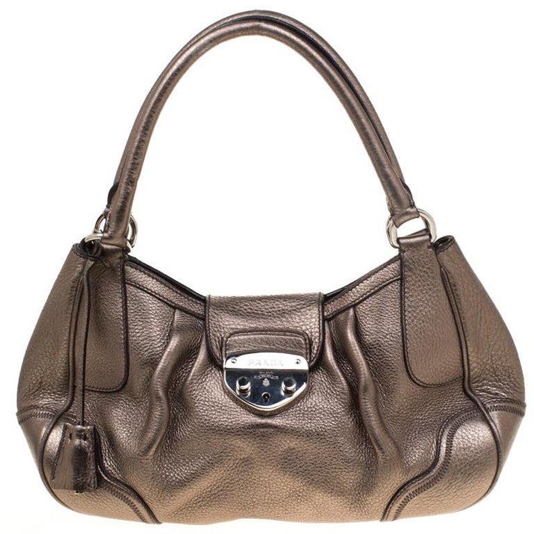 Prada Metallic Grey Leather Shoulder Bag For Sale at 1stDibs