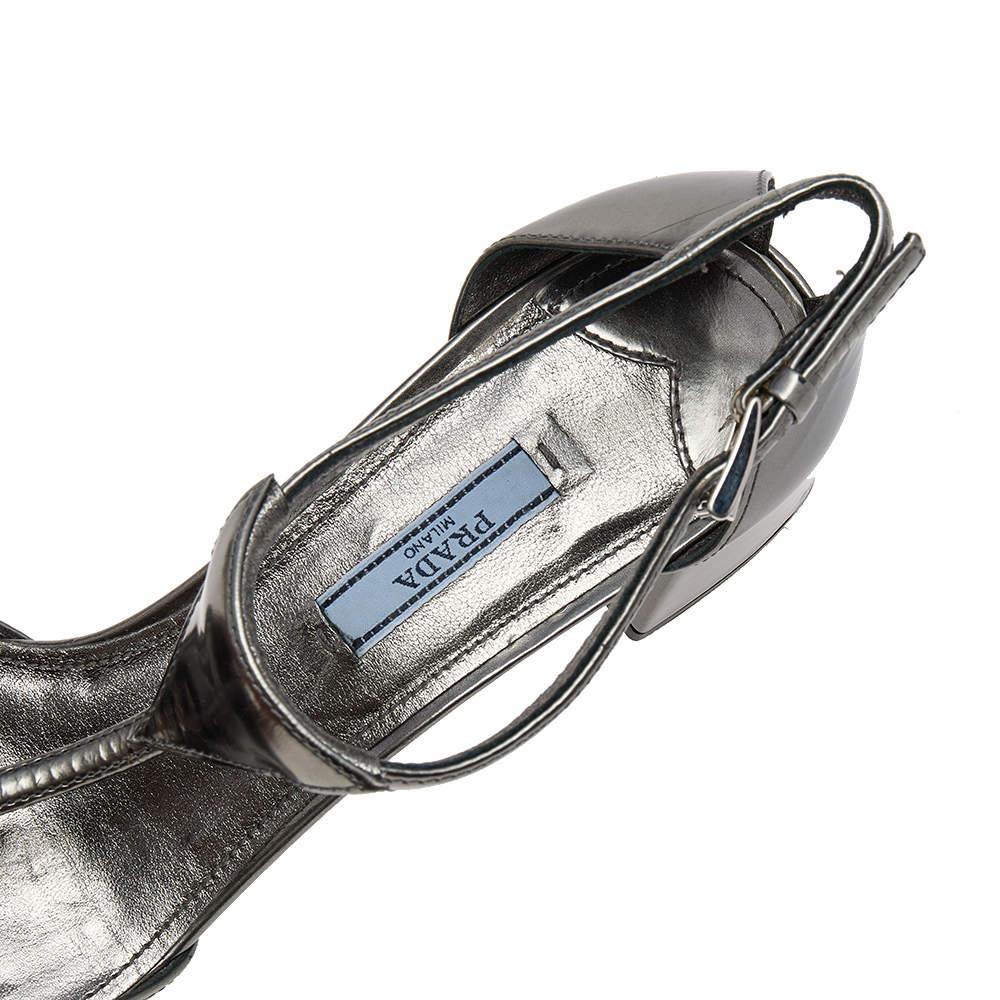 Prada Metallic Grey Patent Leather T Strap Block Heel Sandals Size 41 For Sale 1