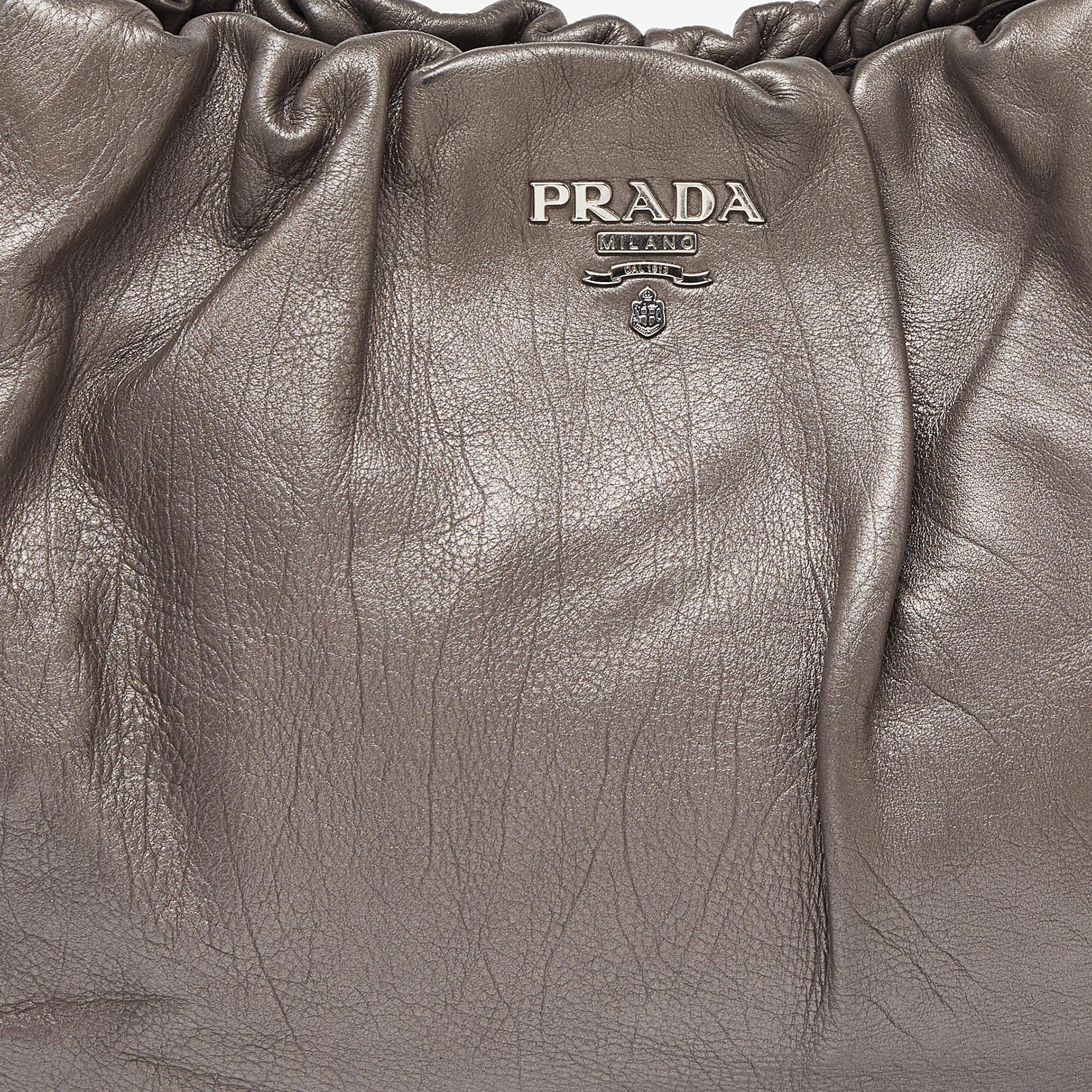 Prada Metallic Grey Pleated Leather Hobo For Sale 3