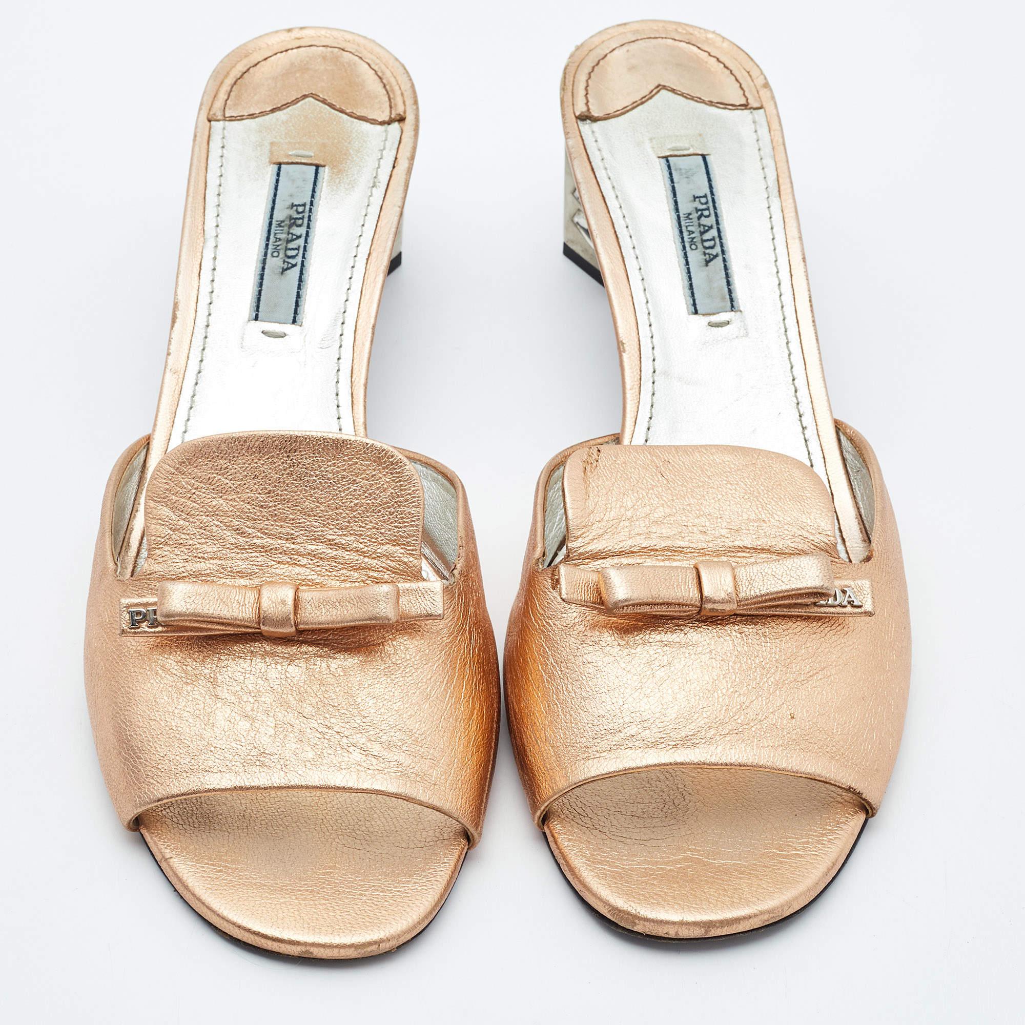 Beige Prada Metallic Leather Block Heel Slides Size 39.5