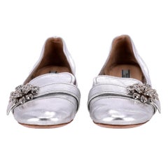 Prada Metallic Leather Flower Brooch Loafers