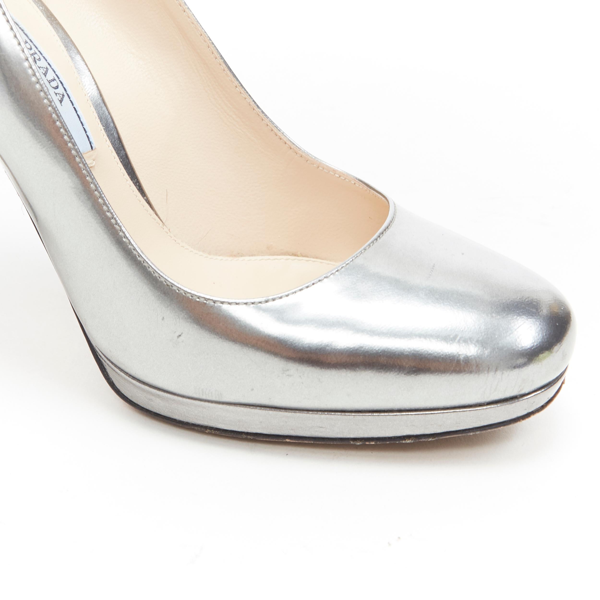 Women's PRADA metallic mirrored silver leather round toe platform pump EU36