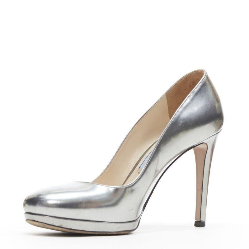 Women's PRADA metallic mirrored silver leather round toe platform pump EU36 US6 UK3