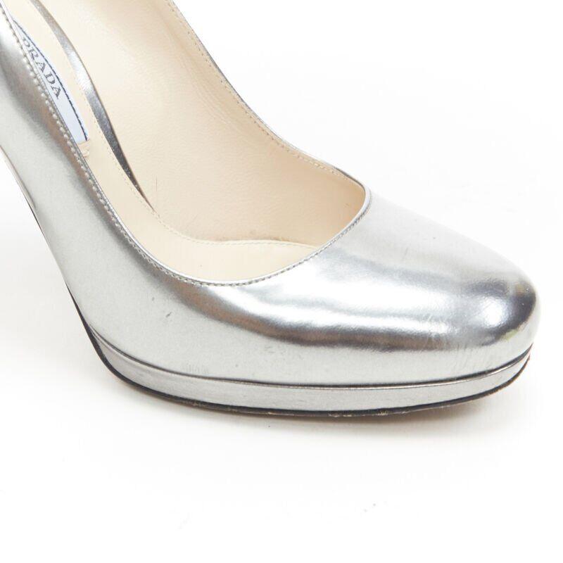 PRADA metallic mirrored silver leather round toe platform pump EU36 US6 UK3 4