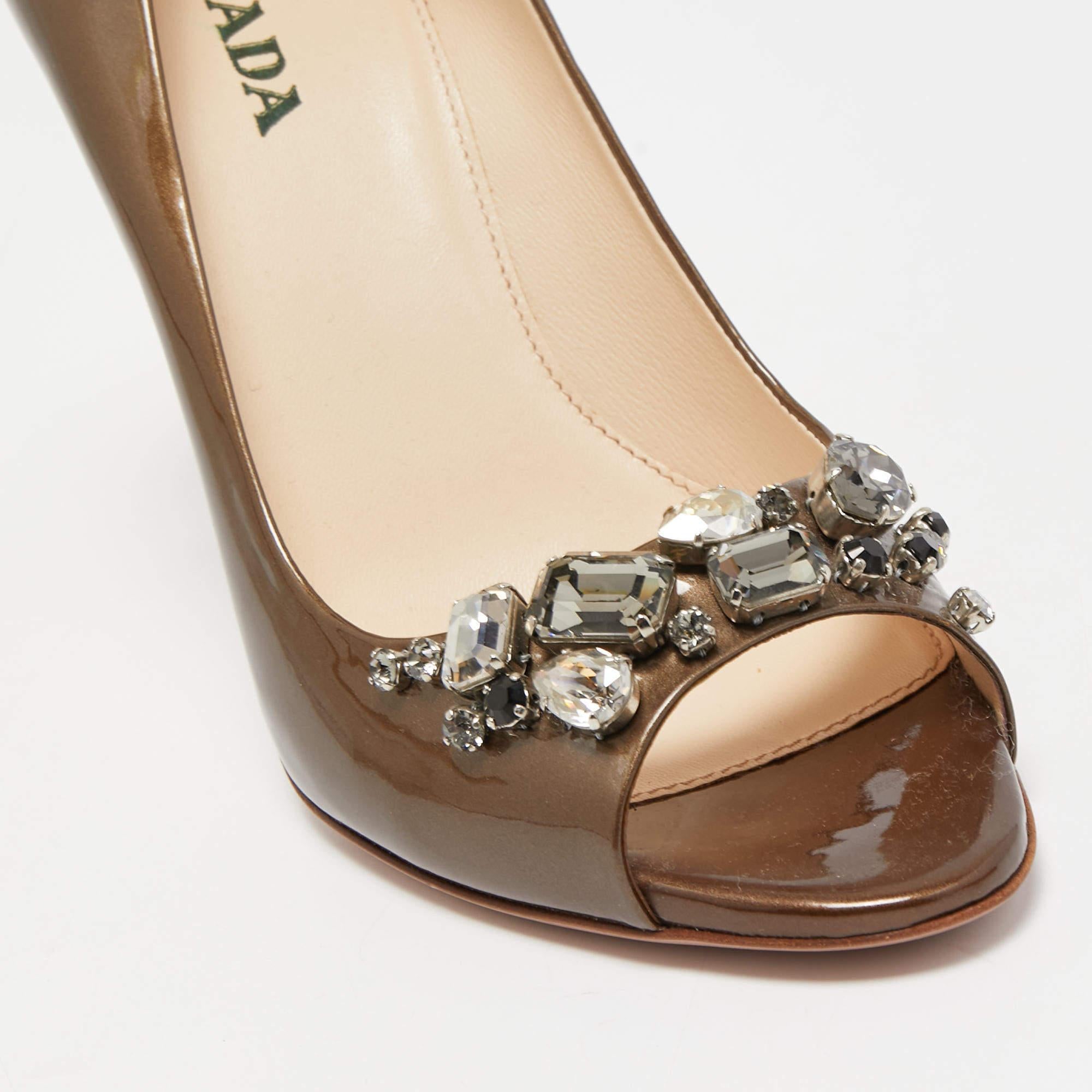 Women's Prada Metallic Patent Leather Crystal Embellished Peep Toe Pumps Size 38