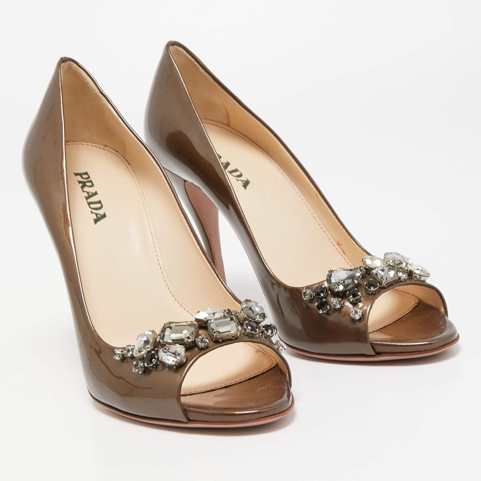 Prada Metallic Patent Leather Crystal Embellished Peep Toe Pumps Size 38 1