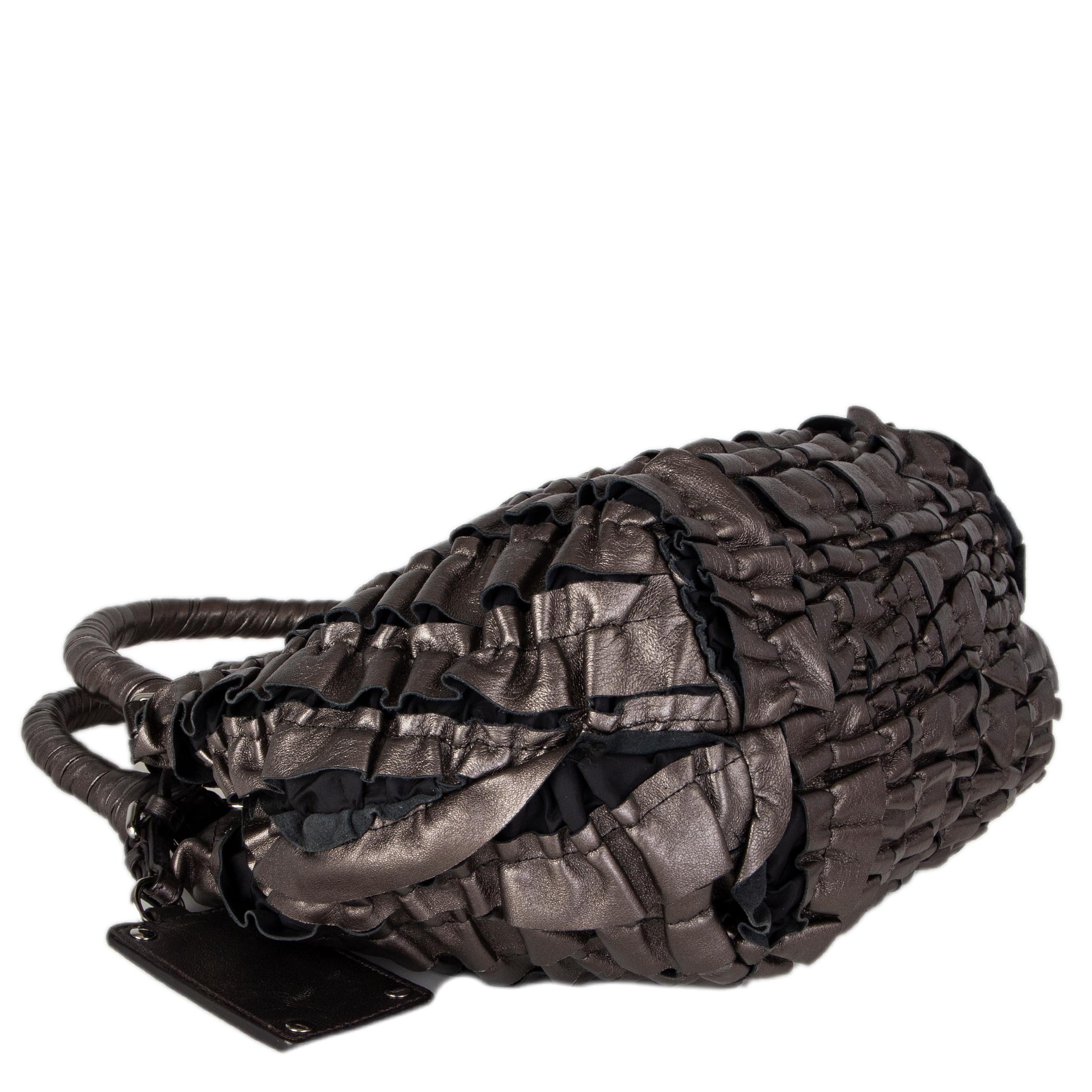 Black PRADA metallic pewter RUCHED leather Small Shoulder Bag