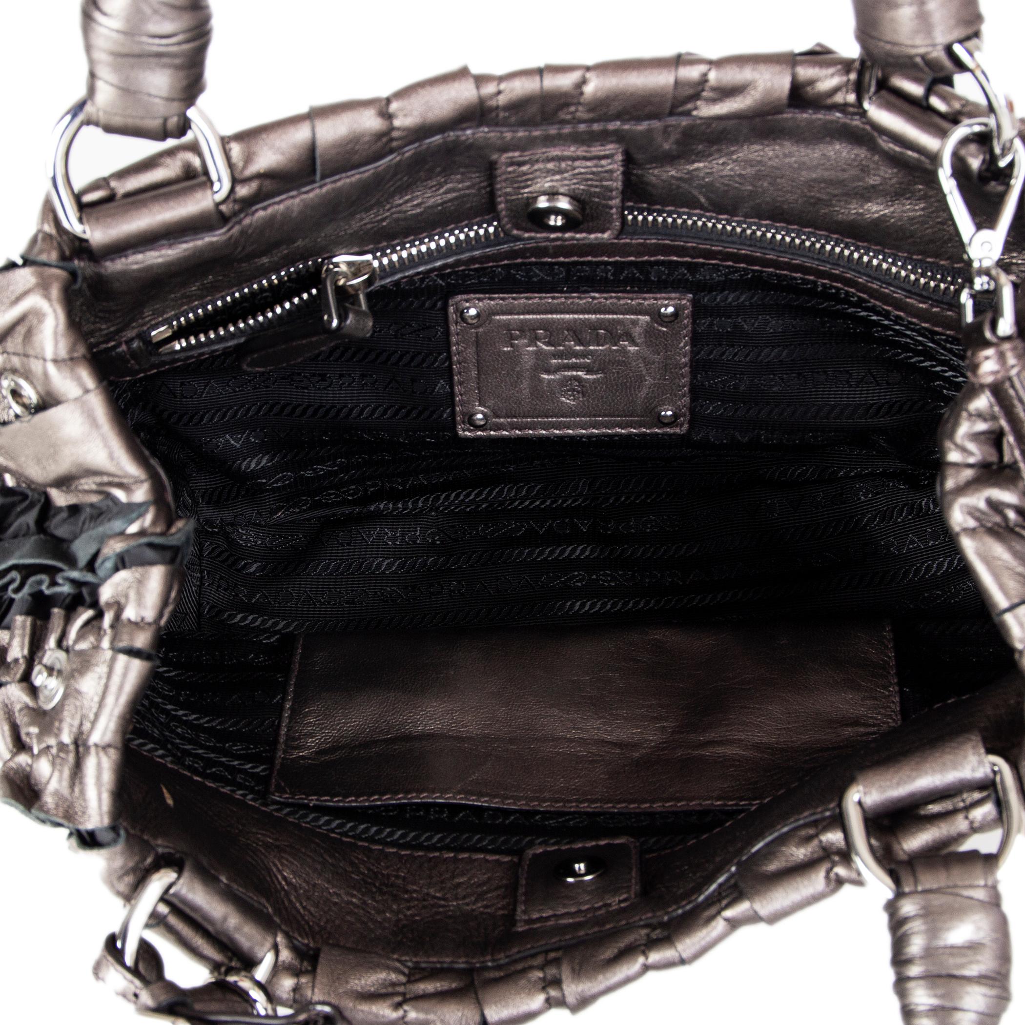 Women's PRADA metallic pewter RUCHED leather Small Shoulder Bag