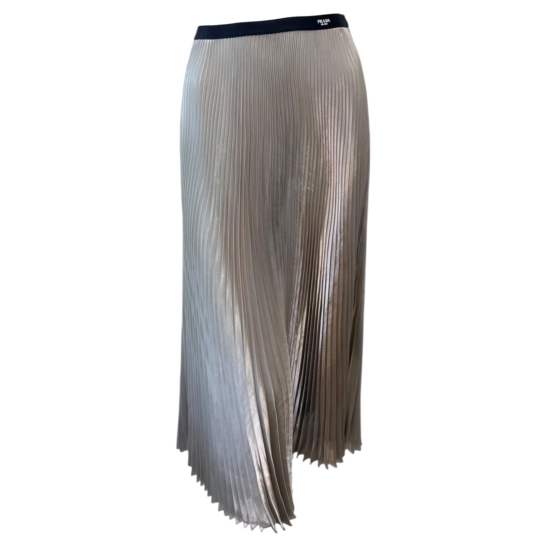 Prada Metallic Plissé Midi Skirt with Logo Waistband, IT 40