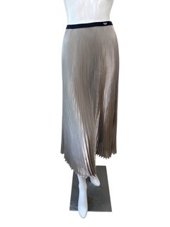 Prada Metallic Plissé Midi Skirt with Logo Waistband, IT 40