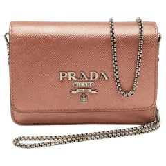 Prada Metallic Rose Gold Saffiano Lux Leather Chain Wallet