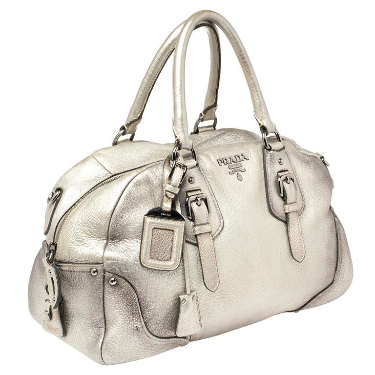 Prada Metallic Silver Cervo Antik Leather Bauletto Bag at 1stDibs