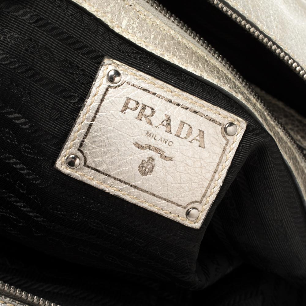Prada Metallic Silver Cervo Antik Leather Bauletto Bag In Fair Condition In Dubai, Al Qouz 2