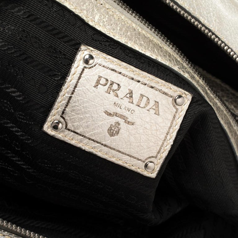 Prada Metallic Silver Cervo Antik Leather Bauletto Bag at 1stDibs