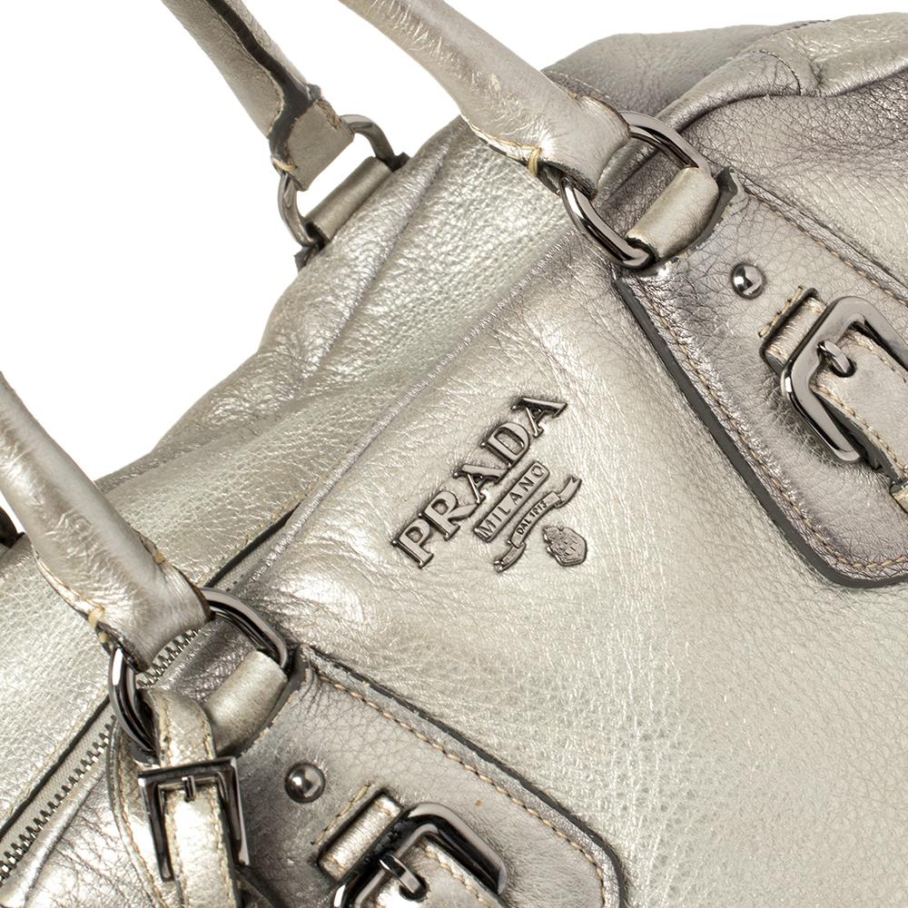 Prada Metallic Silver Cervo Antik Leather Bauletto Bag 3