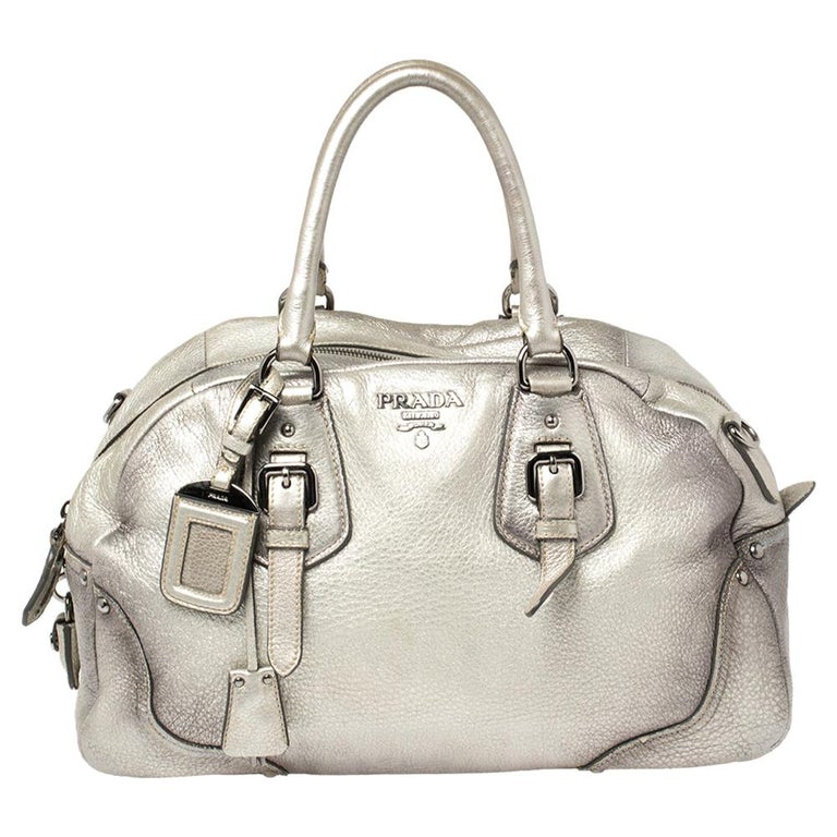 Prada Metallic Silver Cervo Antik Leather Bauletto Bag For Sale at 1stDibs