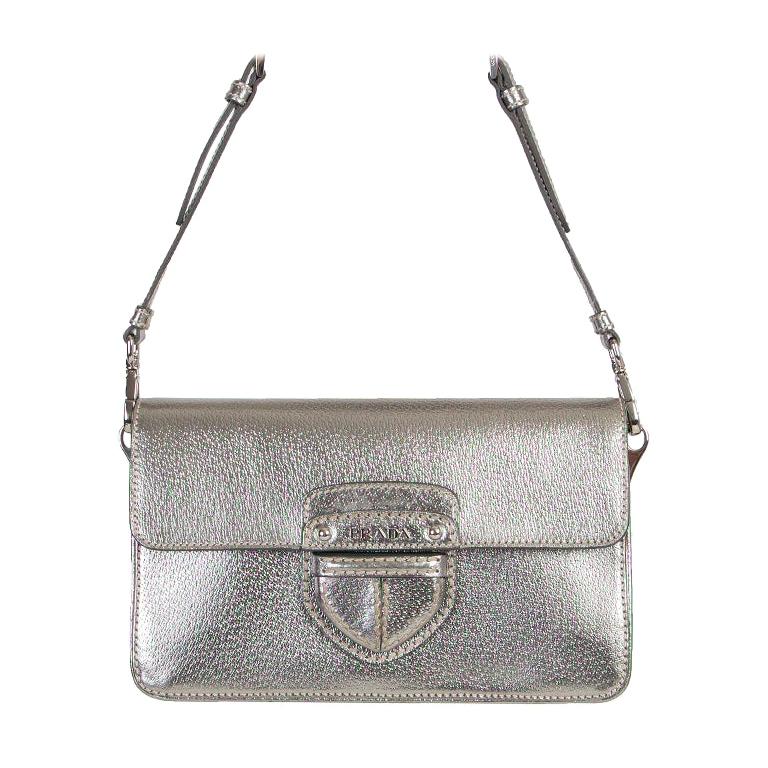PRADA metallic silver Cinghale leather Crossbody Shoulder Bag For Sale