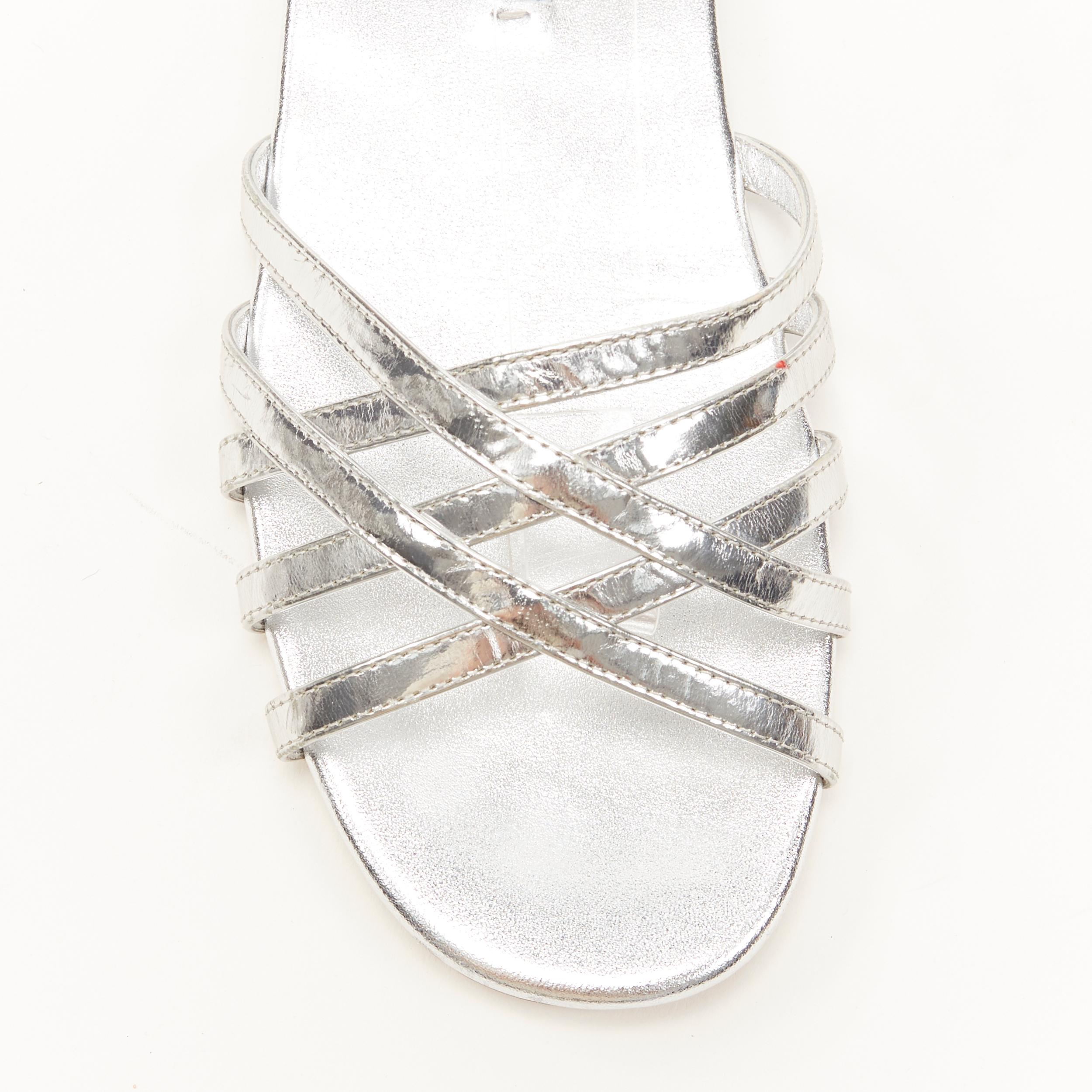 PRADA metallic silver criss cross strap open toe ankle strap flat sandals EU37.5 In Good Condition In Hong Kong, NT